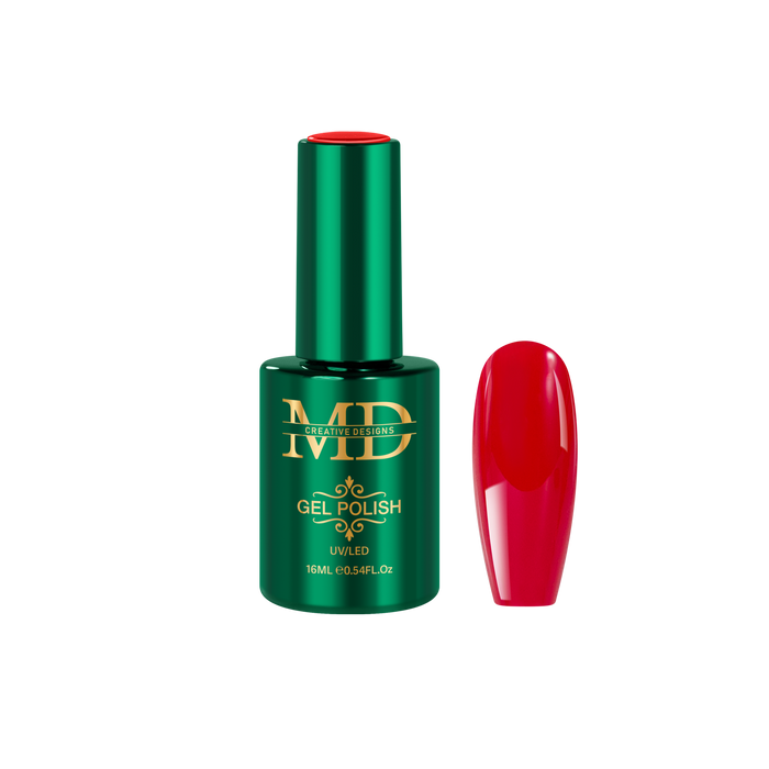Green gel polish bottle with red nail tip color swatch on a white background