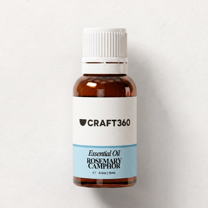 Bottle of Craft360 essential oil with a white cap on a light gray background