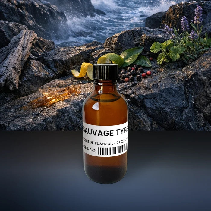Sauvage Type Scent Diffuser Oil - 2 oz | 57 g fragrance bottle image with atmospheric background for Scent Diffuser Oil. Premium lifestyle product photo for fragrance listing.
