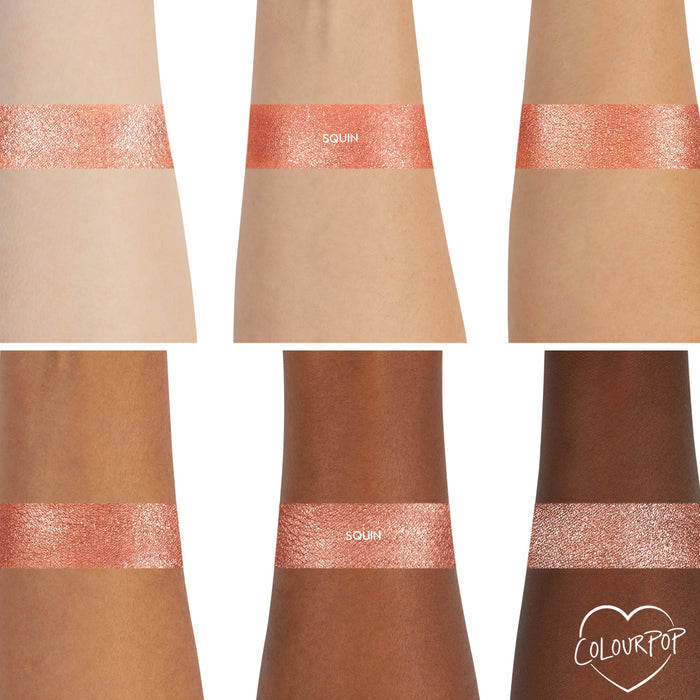 Sequin Super Shock Shadow swatch gleams across six forearms, showing smooth, opaque payoff on light to deep skin tones; a metallic rose‑gold copper shimmer band on each arm, with the ColourPop heart logo in the bottom right.