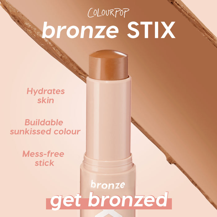 ColourPop Bronzer Stix in Shell Beach stands uncapped as a twist-up cream bronzer ready to glide, set before a warm bronze swatch; callouts note hydrating, buildable, mess-free, sunkissed color for a quick natural glow.