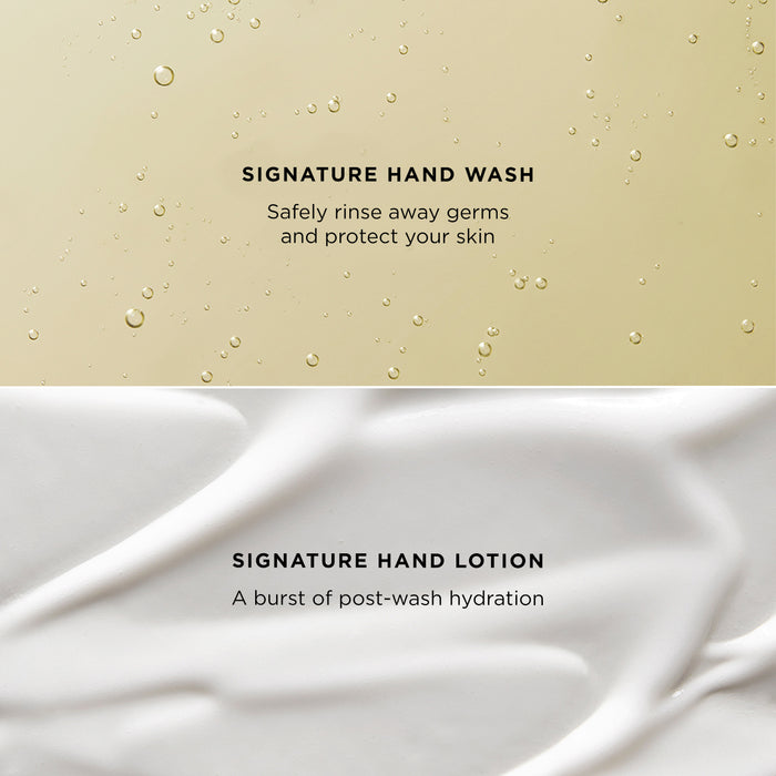 The image features a split view of the Tropic Signature Hand Collection with close-ups of the products' textures:

Top section: A golden liquid with small bubbles represents the Signature Hand Wash, paired with the text:
"Safely rinse away germs and protect your skin."

Bottom section: A smooth, creamy white texture illustrates the Signature Hand Lotion, accompanied by the text:
"A burst of post-wash hydration."