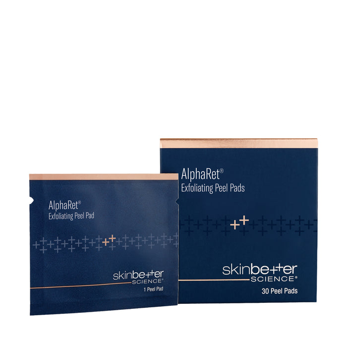 skinbetter AlphaRet Exfoliating Peel Pads packaging, 1 peel pad and 30 peel pads boxes