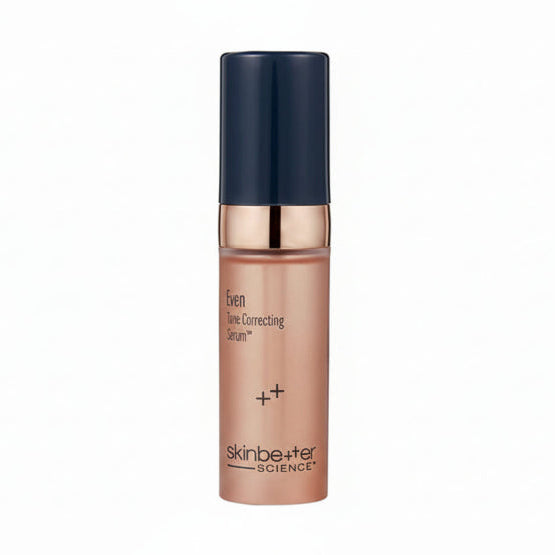 Skinbetter Even Tone Correcting Serum bottle with navy cap and rose-gold tube