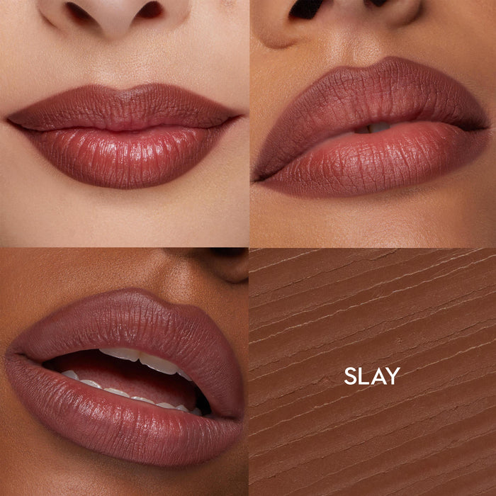 ColourPop So Juicy Plumping Lip Liner with Peptides in Slay defines and plumps lips on three skin tones in a four-panel grid, showing a neutral rose-brown shade and creamy payoff, plus a close-up texture swatch with the shade name.