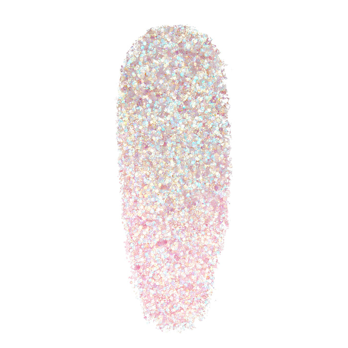 ColourPop Glitter Gel So Cute swatch sparkling with dense iridescent hex and microglitter in a clear pink-lavender gel, shown as a single smooth swipe on a white background to show texture and payoff.