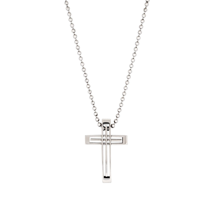 Stainless Steel Striped Cross Pendant & Ball Chain 55cm