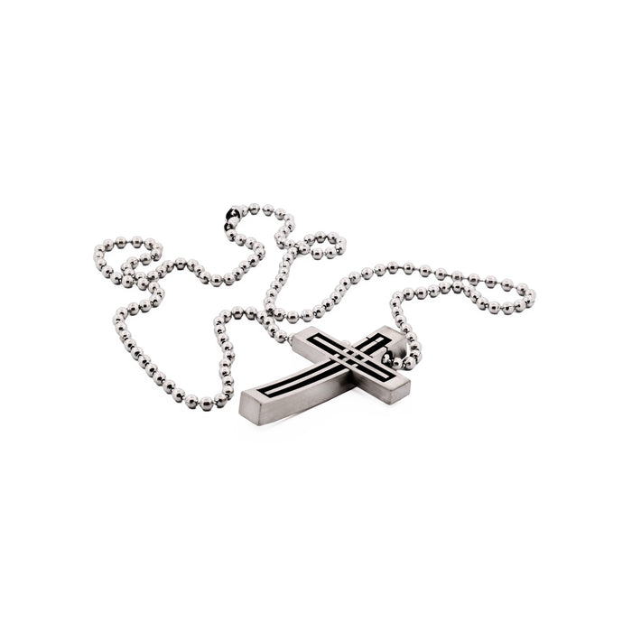 Stainless Steel Striped Cross Pendant & Ball Chain 55cm