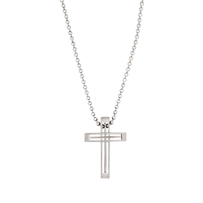 Stainless Steel Striped Cross Pendant & Ball Chain 55cm