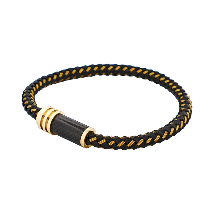 Stainless SteelIon Plated Gold & Black Leather Cable Carbon Fibre Bracelet