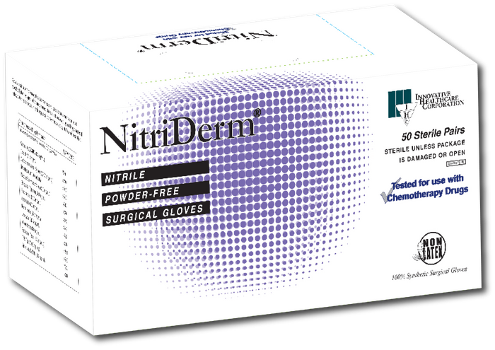 A box of NitriDerm nitrile powder-free surgical gloves sits on a surface. The box contains 50 sterile pairs, is labeled as such, and indicates testing for chemotherapy drug use.