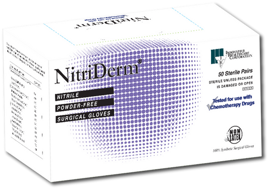 A box of NitriDerm nitrile powder-free surgical gloves sits on a surface. The box contains 50 sterile pairs, is labeled as such, and indicates testing for chemotherapy drug use.