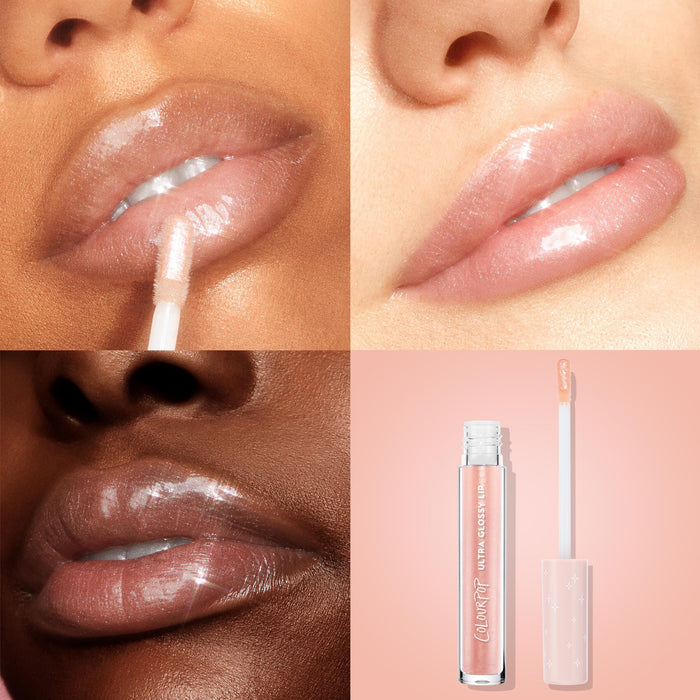 ColourPop Ultra Glossy Lip Sugar Cookie coating lips with a sheer pink, high-shine shimmer; doe-foot applicator glides on in a four-panel grid showing glossy results on multiple skin tones, with the open tube and wand on a soft pink background.