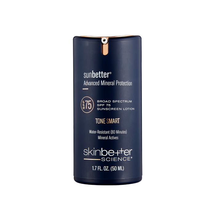 Blue sunscreen lotion bottle with 'sunbetter' branding on a white background