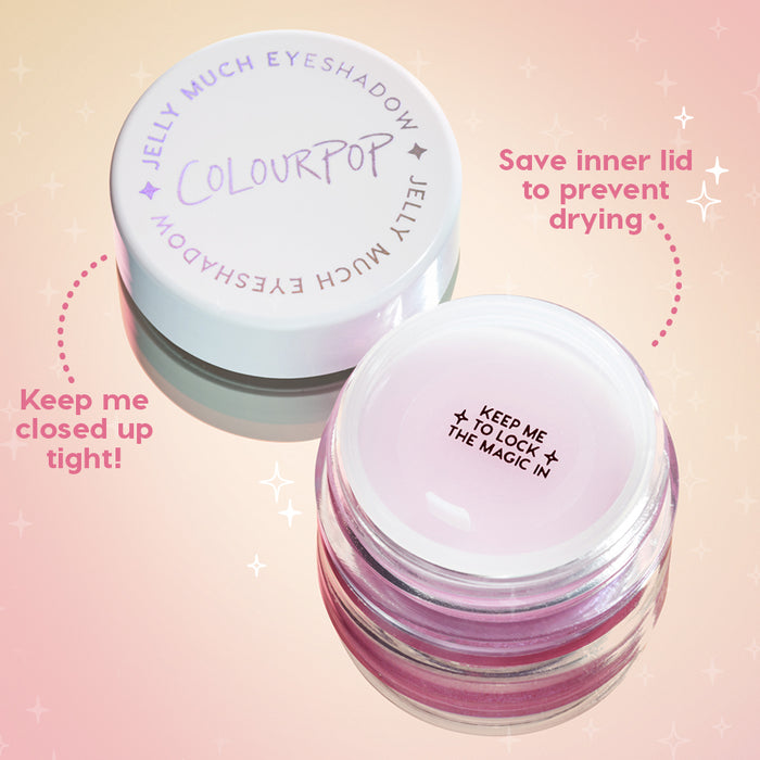 Open jar of ColourPop Jelly Much Shadow Super Cool displays shimmery lilac jelly pigment beside its white cap; inner lid says "Keep me to lock the magic in," with callouts to keep closed and save inner lid to prevent drying on a pink starry backdrop.