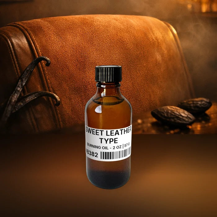 Sweet Leather Type Burning Oil - 2 oz | 57 g fragrance bottle image with atmospheric background for Burning Oil. Premium lifestyle product photo for fragrance listing.