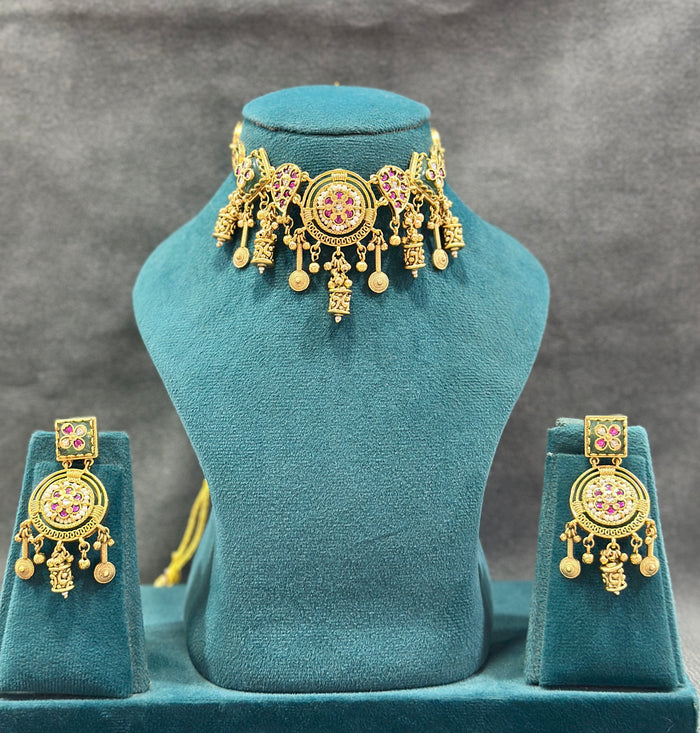 Temple Choker Necklace Set with Ruby Stones & Ghungroo Drops NS00019