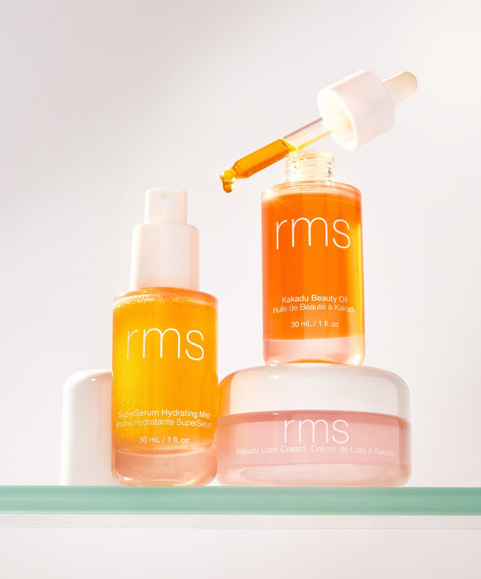 The New Skincare Lineup: full-sized Kakadu Beauty Oil (30 ml / 1 fl. oz ), SuperSerum Hydrating Mist (30 ml / 1 fl. oz ), and Kakadu Luxe Cream (50 ml / 1.7 fl. oz)
