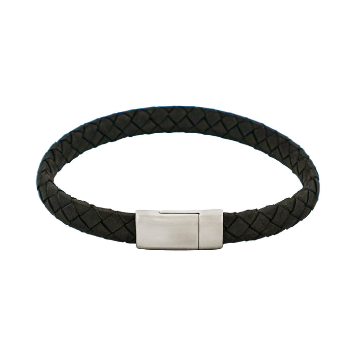 Thin Black Italian Leather & Stainless Steel Bracelet