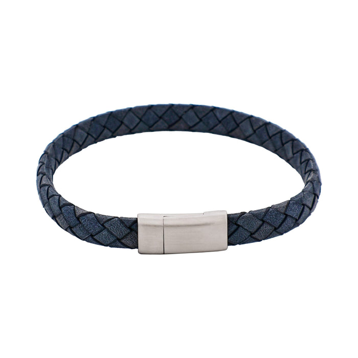 Thin Blue Italian Leather & Stainless Steel Bracelet