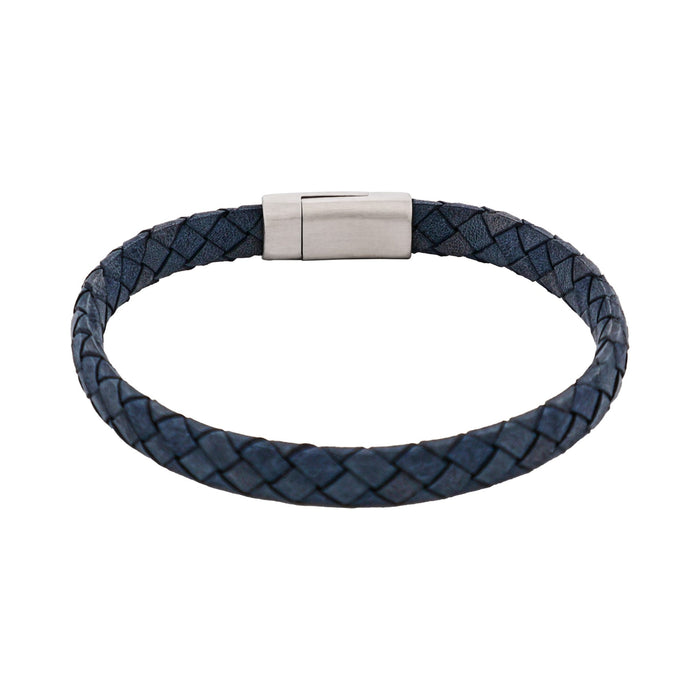 Thin Blue Italian Leather & Stainless Steel Bracelet