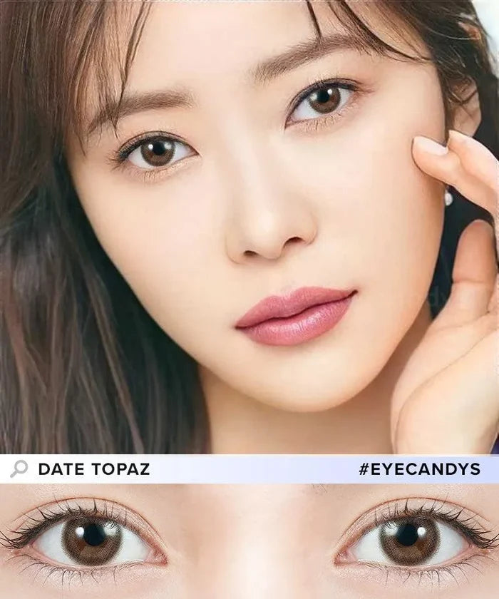 Model showcasing a clean-makeup look using Topards 1-Day Date Topaz (10pk) blended color contacts, above a closeup showing how well the color contacts blend in with her dark eyes.