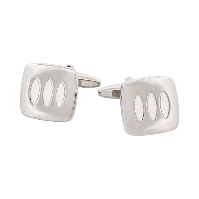 Triple White Enamel Inlays on Rhodium Plated Cushion-Shape Cufflinks
