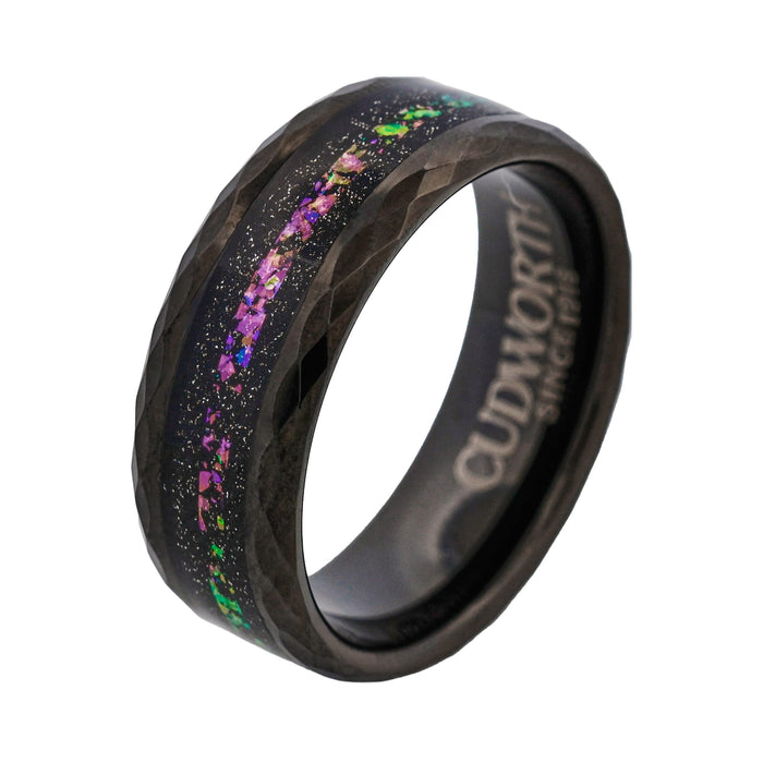 Tungsten Ring, Nebula Prism - Faceted black tungsten ring with cosmic opal inlay