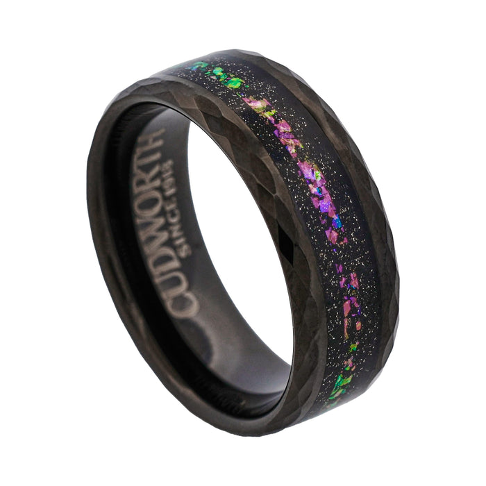 Tungsten Ring, Nebula Prism - Faceted black tungsten ring with cosmic opal inlay