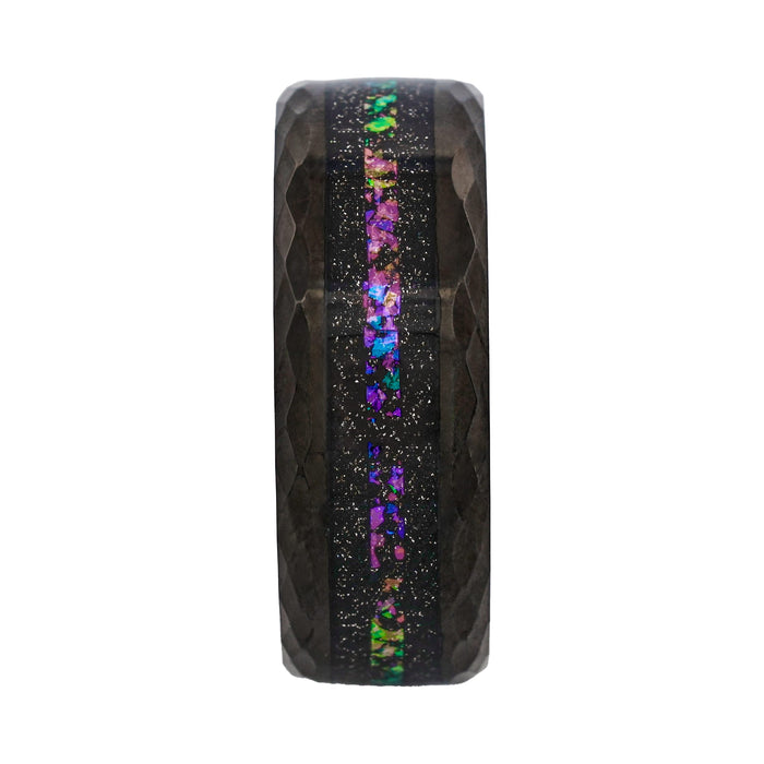 Tungsten Ring, Nebula Prism - Faceted black tungsten ring with cosmic opal inlay