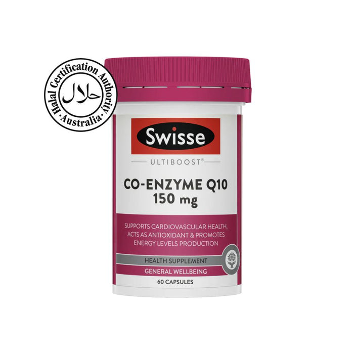 Swisse Co-Enzyme Q10 supplement bottle on a white background