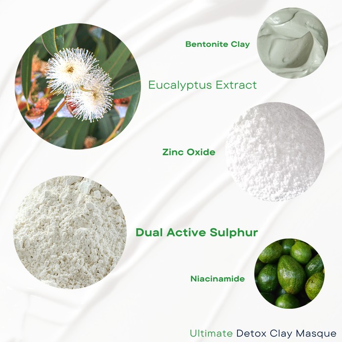 A therapeutic blend of medicinal clays deep cleans the skin while absorbing impurities and pore clogging oil. Active Sulphur kills breakout causing bacteria deep in the pore where breakouts start. Skin will glow post masque treatment.