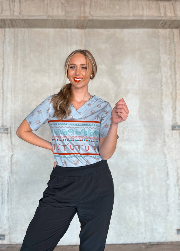 Western Christmas Scrub Top