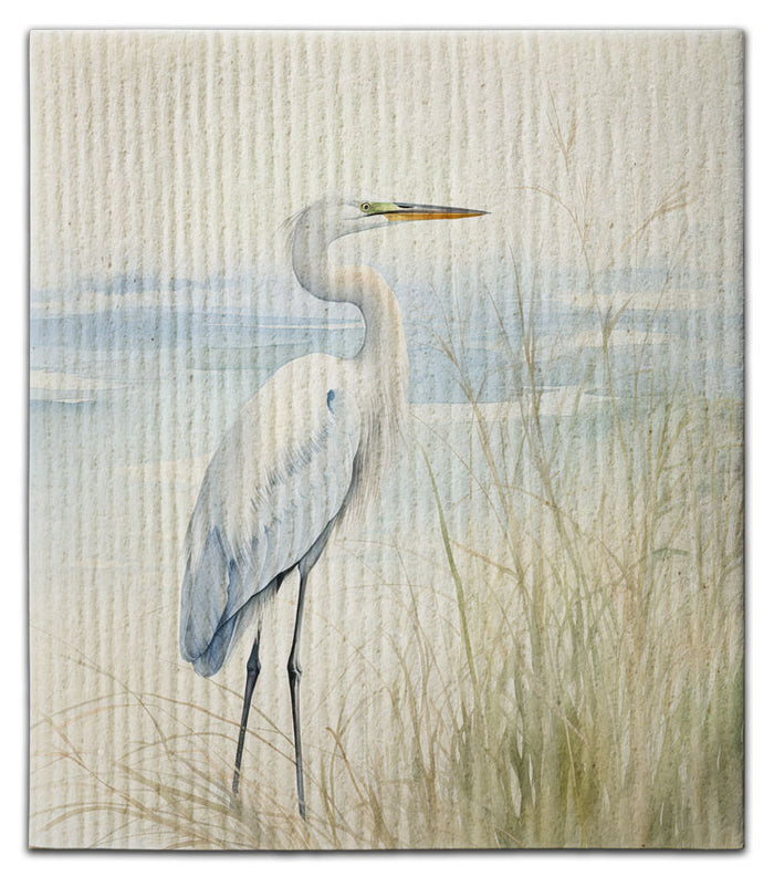 White Egret on Beach Swedish Dishcloth