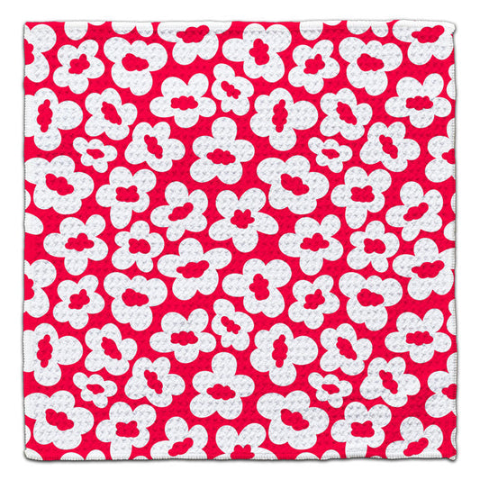 White Flowers on Red Waffle Weave Washcloth - CJ Bella Co.