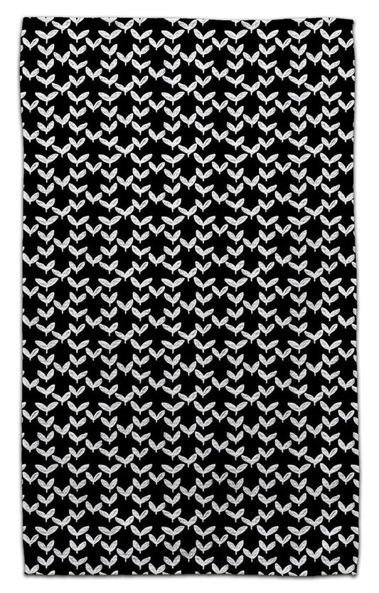 White Leaves on Black Waffle Weave Towel