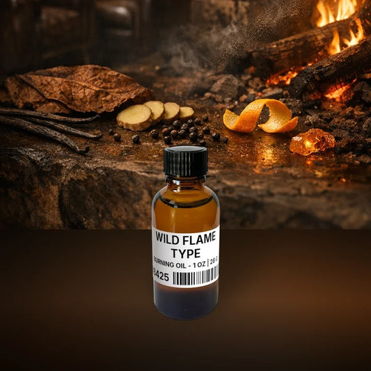 Wild Flame Type Burning Oil - 1 oz | 28 g fragrance bottle image with atmospheric background for Burning Oil. Premium lifestyle product photo for fragrance listing.