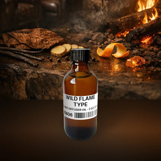 Wild Flame Type Scent Diffuser Oil - 2 oz | 57 g fragrance bottle image with atmospheric background for Scent Diffuser Oil. Premium lifestyle product photo for fragrance listing.