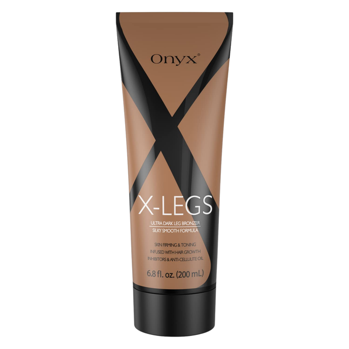 Tuba Onyx X-Legs o brązowo-czarnej etykiecie. Bronzer do nóg o jedwabistej konsystencji zapewnia intensywny, ciemny odcień opalenizny.