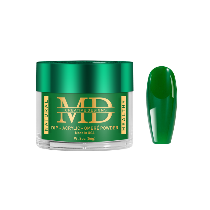 Green nail powder container with a matching green nail tip color swatch on a white background